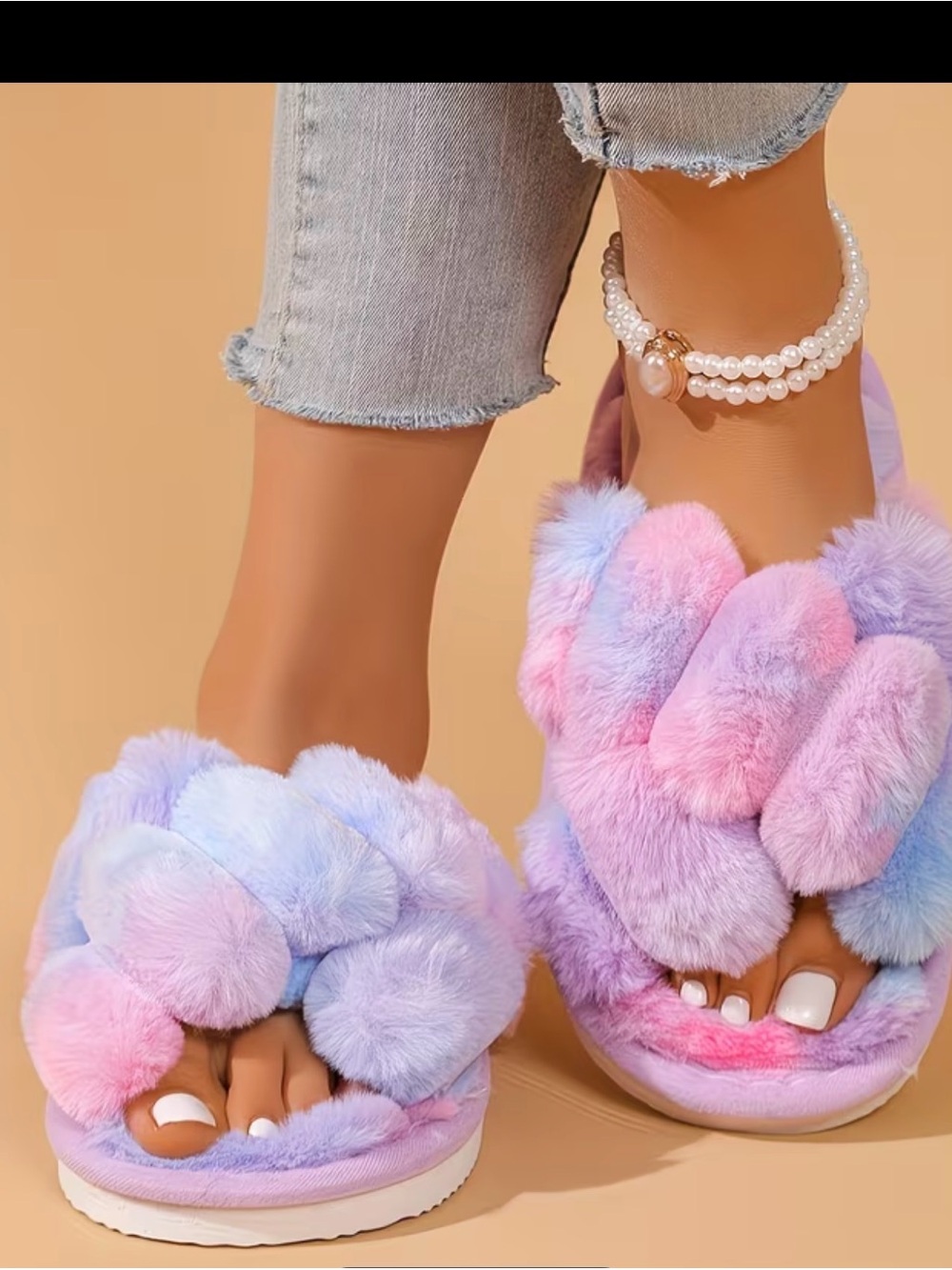 New Plush Tie-Dye Faux Fur Slippers | Soft Cozy Slides | Women's Size 9-10